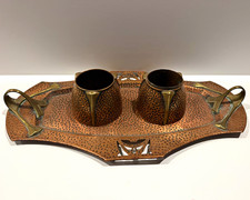 Antique Carl Deffner Hammered Copper Double Inkwell Desk Stand Brass Mounts picture