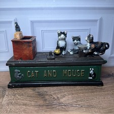 Vintage Cat and Mouse Mechanical Bank Cast Iron Antique Style Coin Toy picture