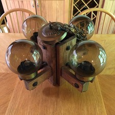 Vintage MCM 1970’s 1980’s Smokey Glass Globe Oak Brass Chandelier picture