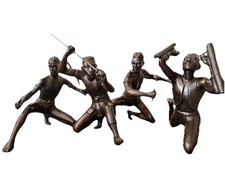Set of 4 Vintage Bronze African Tribal Warrior Sculptures Fighter Art Statues picture