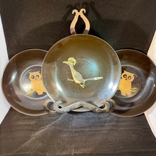Vintage Mid-Century Couroc Hand Inlaid Small Plates Owl & Roadrunner, (3) picture
