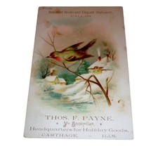 Vintage Thos F Payne Carthage IL Bookseller Trade Card Bird Winter Ephemera picture