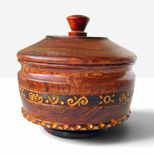 Vintage Hand Turned Wood Lidded Vessel Carved Painted Folk Art Treen Bowl picture