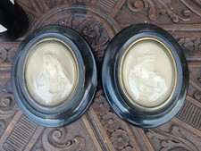 PAIR antique pipeclay mary jesus portrait wall plaque behind glass picture