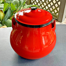 Vintage Red Enamel Stockpot Soup Lidded With Dual Lug Ear Handles 4 Qt Japan MCM picture
