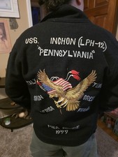 Vintage 1977 USS Inchon LPH-12 Navy Mediterranean Cruise Embroidered Jacket Med. picture