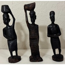 Vintage African Hand Carved Wooden Statue Set of 3 Ebony Figures Holding Baskets picture