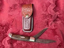 Case XX Vintage Two-Blade Folding Knife Leather Sheath Jigged Wood Handle USA picture