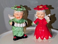 Vtg Relco Japan Angel Salt & Pepper Shakers Holly Boy Poinsettia Girl Christmas picture