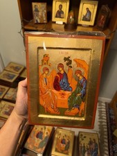 Holy Trinity Orthodox Icon 18kt Gold Leaf Carved Wood (handmade) 18x24cm picture