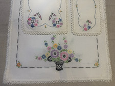 Vtg 1950s Dresser Scarves Floral Basket Hand Embroidered Crocheted Linen Set 3 picture