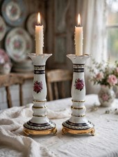 Vtg Sorelle Porcelain Candlesticks Pair Pink Roses Cobalt Blue Gold 7.25