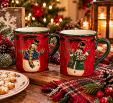 Certified International Valerie Evers Wentz Snowman Christmas Mugs Set of 2 Red picture