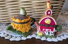 2 Vintage Trinket Box Frog on Sunflower & Barn Rooster picture