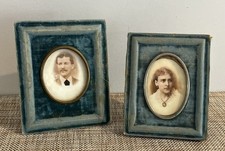 2 Victorian Antique 1889 Picture Frames Blue Velvet Oval New York Fits 3x2.5” picture