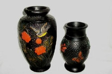Tokanabe Japanese Bluebird Caved Vase Lotus Flower Butterfly Black Pr Art Deco picture