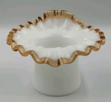 Vintage Fenton Milk Glass Gold Crest Ruffled Top Hat Vase picture