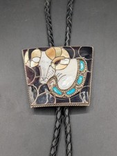 Vintage Zuni Native America Sterling Silver Bighorn Ram Bolo Tie E.A. Inlay READ picture