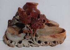 Antique Handcarved Chinese Soapstone Sculptured Spill Vases With Flowers Foliage picture