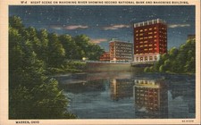 Warren Ohio Night Scene Mahoning River Second National Bank Building Postcard picture