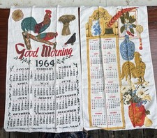 VTG MCM  1964 & ‘74 Rooster Calendar Novelty Linen Kitchen Tea Towels Set Of 2 picture
