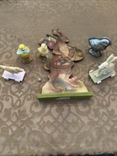 Lot 6 Easter decor: wood bunny standee, chicks, metal bird, pull toys vintage picture