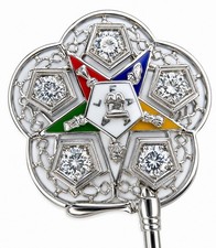 🛑 10K White Gold 5 Diamonds Eastern Star Masonic Enamel Brooch Vintage Era 50s picture