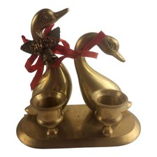 Vintage Solid Brass Pair of Geese Candle Holders Christmas/Cottage/Grandmacore picture