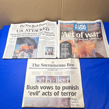 LOT OF 3 9/11 ORIGINAL NEWSPAPERS ~ NEW YORK TIMES, USATODAY, SAC BEE RARE VG picture