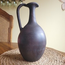 Vtg Mexican Pottery Dark Brown Primitive Style Jug Vase Pitcher 11” Tall / Read picture
