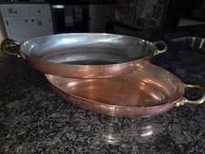 Vintage Made in Portugal Two Oval Copper Gratin Pan Tin Lined Brass Handles 10