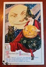 Antique Halloween Postcard J. Winsch S. Schmucker Lady Witch Moon, Cat, JOL 1912 picture