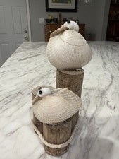 Vtg Pair Handcrafted Seagulls, Made from Seashells, sitting on Dock Wood Posts picture