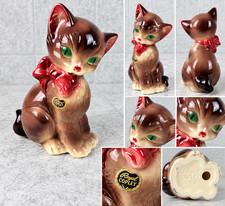 Vintage Royal Copley Cat Figurine Green Eyes Red Bow Ceramic 8