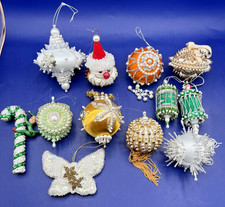 Vintage MCM Holiday Ornaments Set of 12 Hand Beaded Push Pin Sequins picture