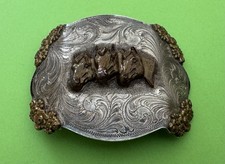 VTG Damaged (Bent) Old Western American Sterling Silver Triple Horse Belt Buckle picture