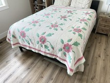 Vintage Pink Green Rose Applique Quilt Hand Quilted Floral Cottage As Is picture