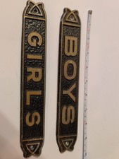 Vintage BOYS GIRLS Vertical Metal School Restroom Signs Plaques Matching Pair picture