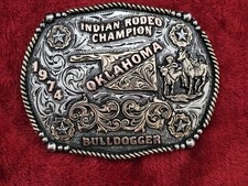 BULLDOGGING☆X~TREME☆1974☆INDIAN RODEO CHAMPION TROPHY BUCKLE☆Oklahoma☆RARE☆W81 picture