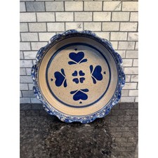 Vintage 1994 Pearl Signed Blue Heart Stoneware Scalloped Pie Dish Folk Art 9.5