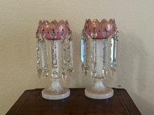 Antique Victorian Pink Opaline Glass Painted Gold Mantle Luster, Prisms, 12.5