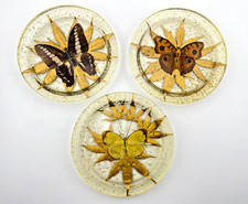 Vintage MCM 3pc Lucite Butterfly Coaster Set Gold Flecks Leaves Resin Acrylic EU picture