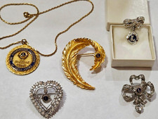 Vintage Lions Club 5pc Lot Medal of Merit Necklace Feather Heart Bow Pin Gold picture