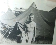 Vtg Sepia Photograph Shirtless Man Tent City beefcake pearl harbor Hawaii  picture