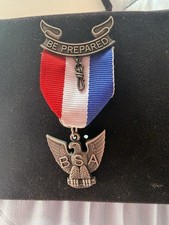 Vintage BSA Eagle Scout Medal Be Prepared Red White Blue Ribbon Original Box picture