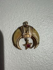Gold Antique Shriners Masonic Crescent Moon Star Sphinx Pendant Red Stone picture