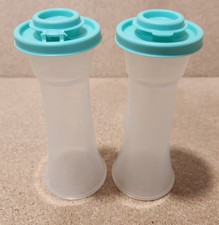 Tupperware Large Hourglass Classic Salt and Pepper Shakers Mint Green lids NEW picture