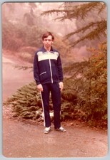 Vtg Color Snapshot Man Navy Blue Striped Tracksuit Sneakers Outdoors Park 1970s picture