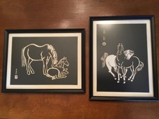 Vintage 2 Horses Sonan Noda Woodblock Prints Black White Horses. Japanese Art picture