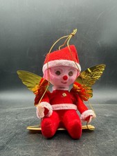 1972 Vintage Red Flocked Christmas Gold Foil Winged Angel on a Swing Ornament picture